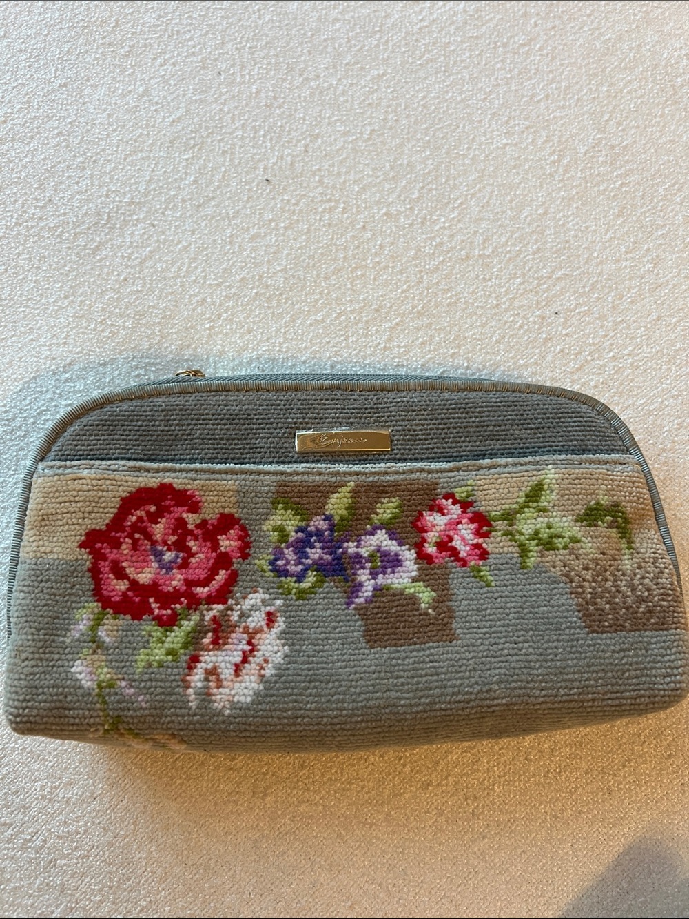Needlepoint Floral Zip Pouch - Grey